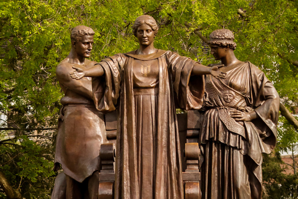 Alma Mater statue in spring